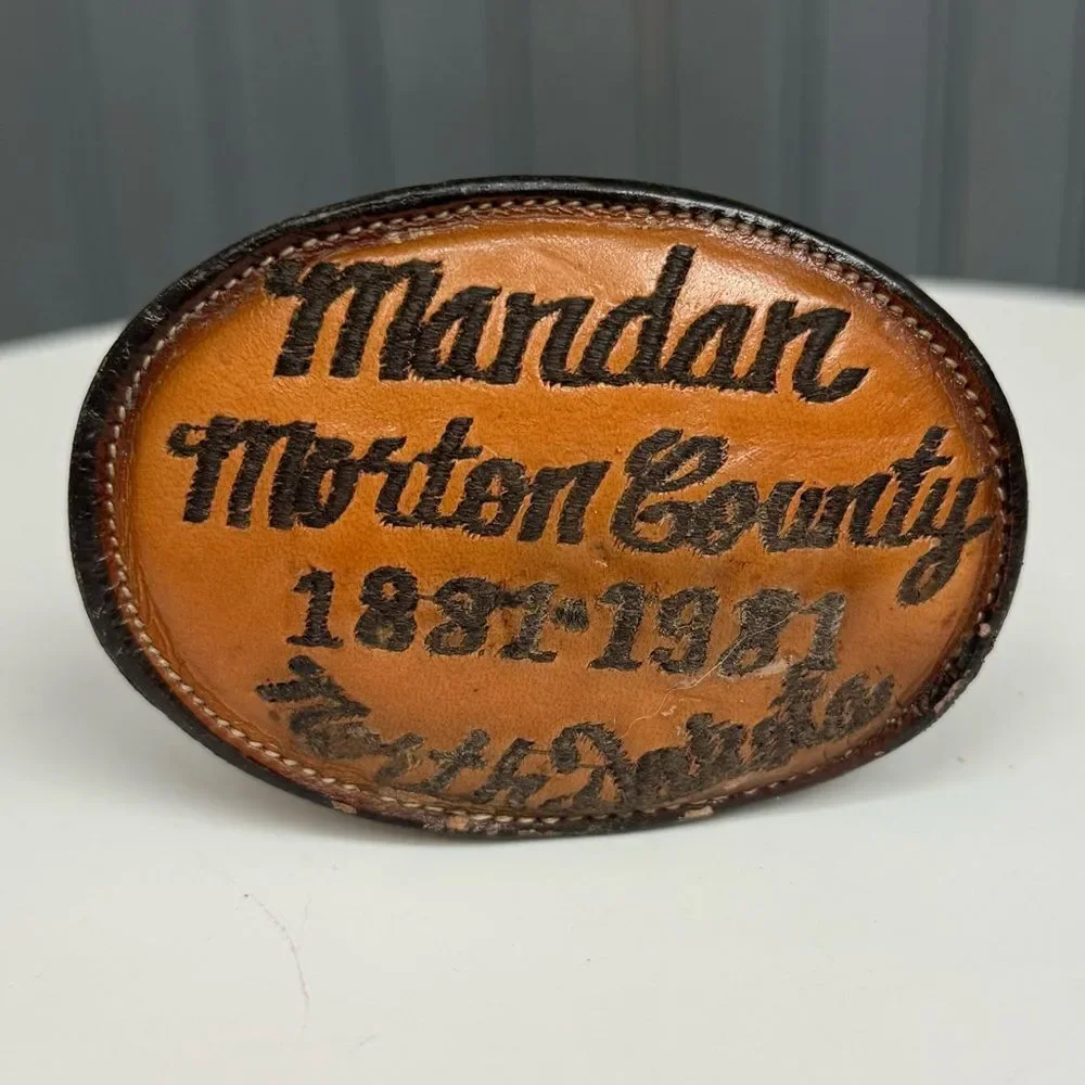 Vintage Tony Lama Mandan County North Dakota Leather Belt Buckle USA Western